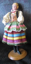 9''CELLULOID FACE COSTUME LADY DOLL POLISH/UKRAINIAN, WOOD STAND